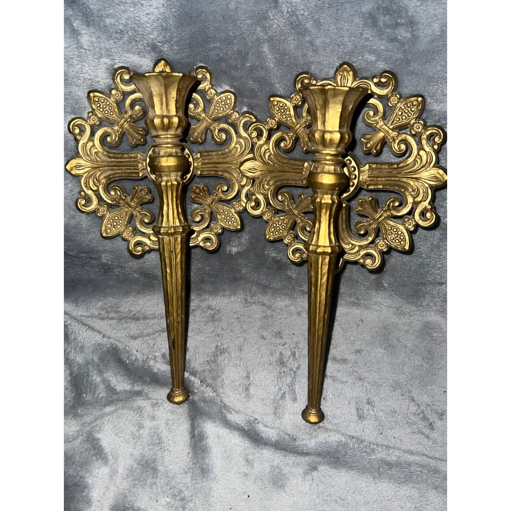 Vintage Dart Gold Wall Candle Sconces Set Hollywood Regency Fleur De Lis Decor